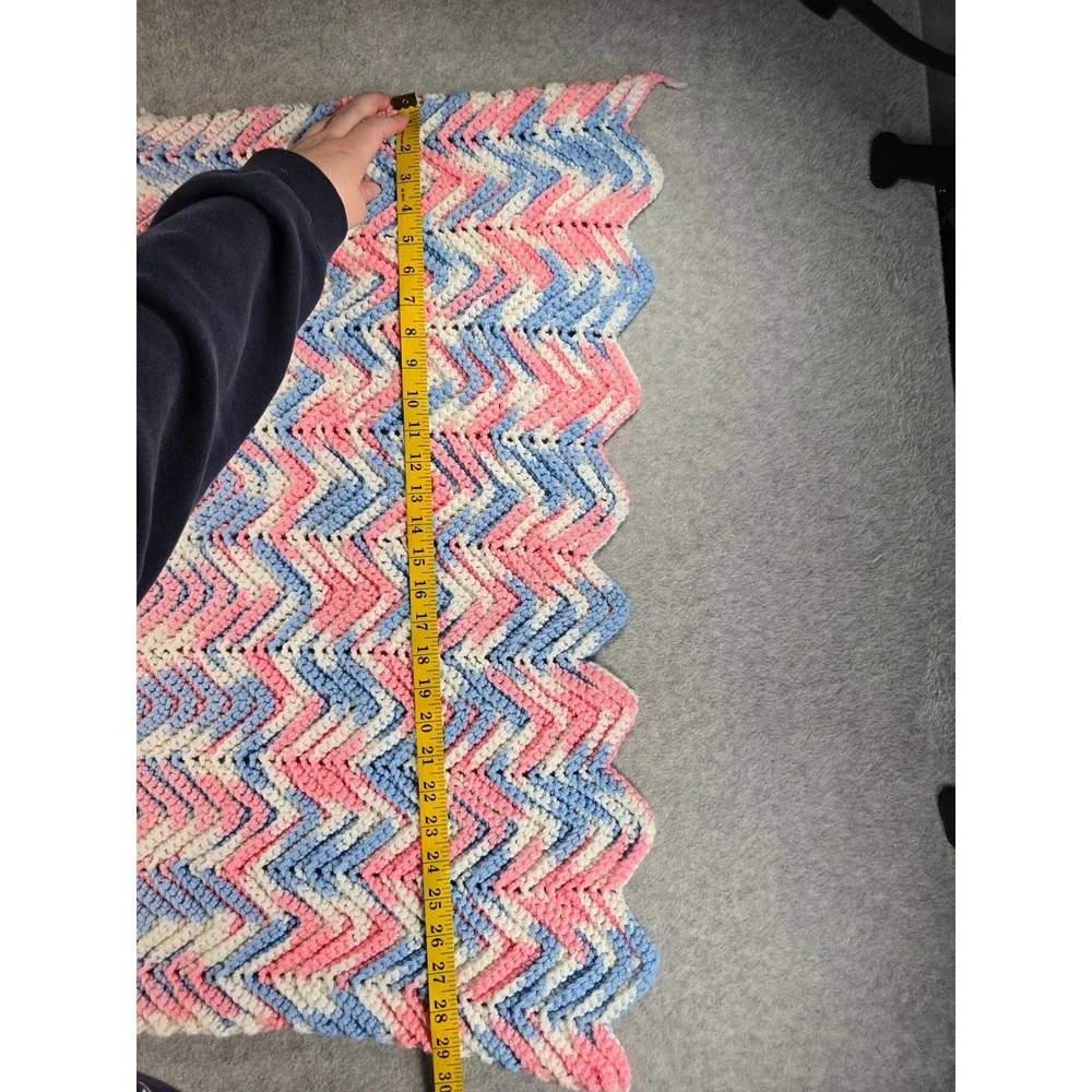 Vtg 90s Handmade Crochet Chevron Baby Blanket Pink Blue Tummy Time Afghan 26x29
